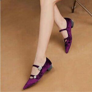 XYD Purple Rhinestones Pointed Toe Buckled Double Straps Low Heel Dress Shoe